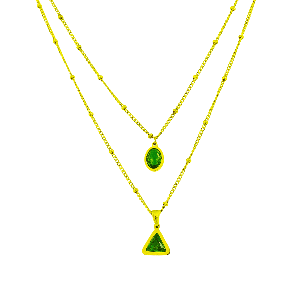 Ατσάλινο χρυσαφί κολιέ με διπλή αλυσίδα και γεωμετρικά σχήματα με πράσινα ζιργκόν