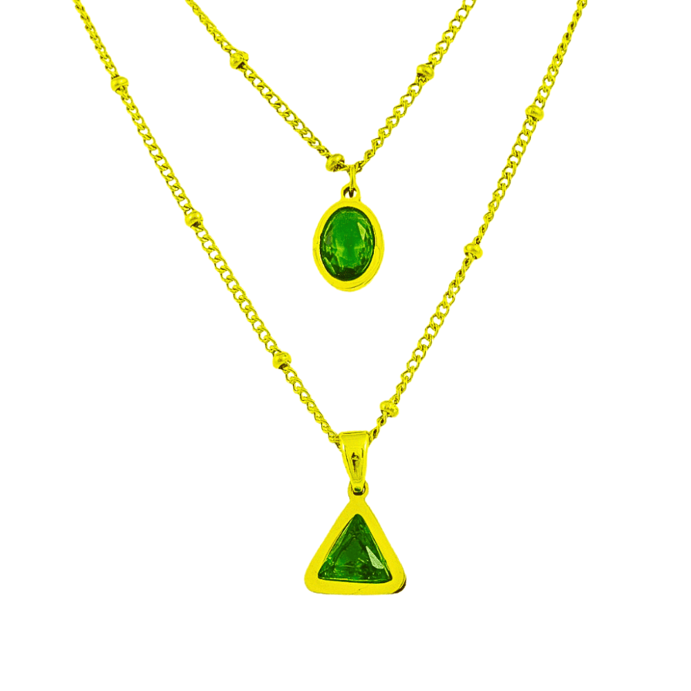 Ατσάλινο χρυσαφί κολιέ με διπλή αλυσίδα και γεωμετρικά σχήματα με πράσινα κρυσταλλάκια