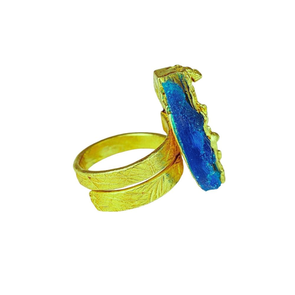 Χειροποίητο επίχρυσο δαχτυλίδι από ορείχαλκο και μπλε ορυκτή πέτρα